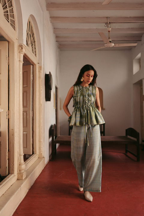 LightBlue Linen Pleated Tie-Up Top and Wide-Leg Co-ord Set