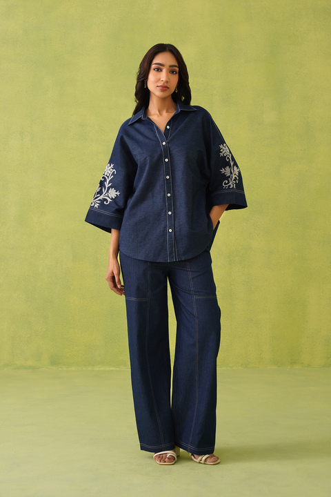 Denim Blue Embroidered Shirt and Wide-Leg Co-ord Set