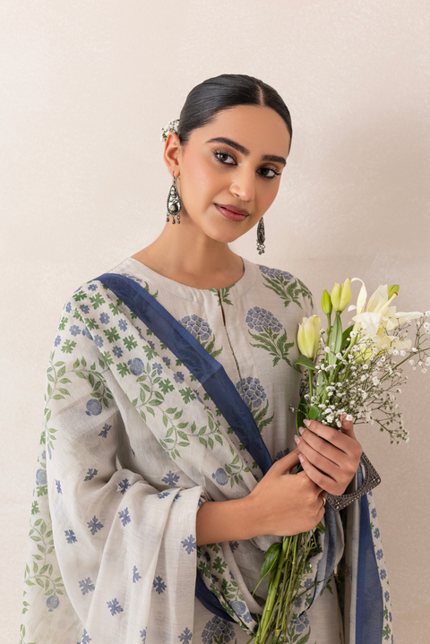 Grey and Blue Floral Buta Printed Kurta Set with Dupatta