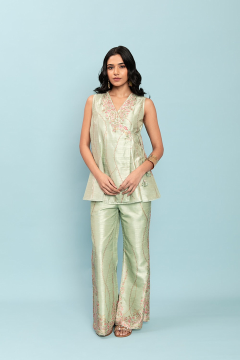 Mint Green Wrap Tunic and Wide-Leg Pants Co-ord Set