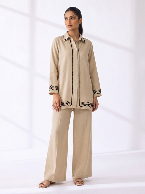 Linen Co-Ord Set With Elegant Black Embroidery