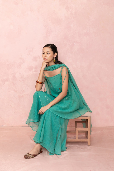 Green Square-Neck Kurta Sharara Suit Set with Dupatta
