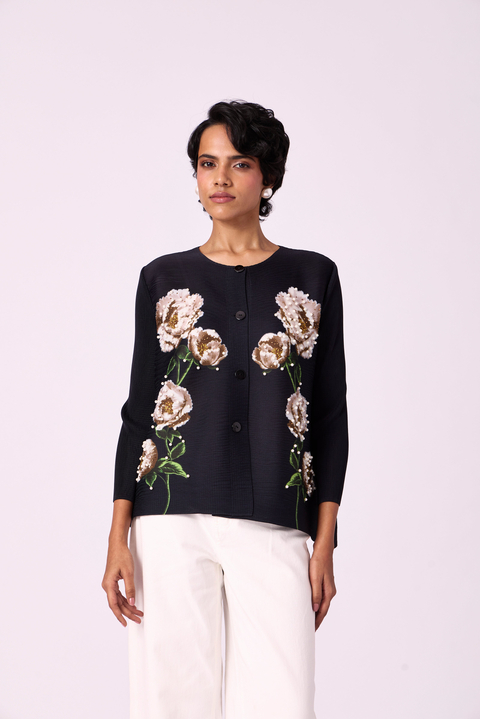 Black Pleated Floral Shirt with Pearl Details