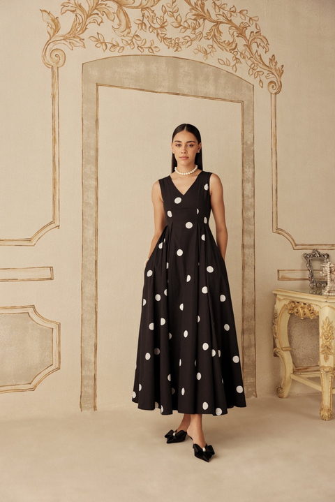 Black and White Polka Dot Fit and Flare Maxi Dress
