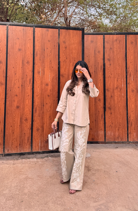 Beige Cotton-Linen Embroidered Co-ord Set