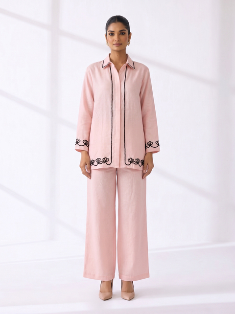 Linen Co-Ord Set With Elegant Black Embroidery