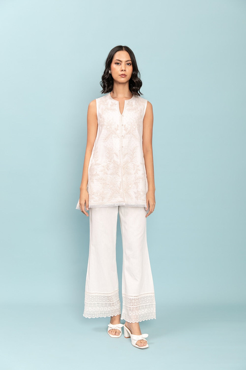 Ivory A-Line Sleeveless Tunic Set with Tonal Embroidery