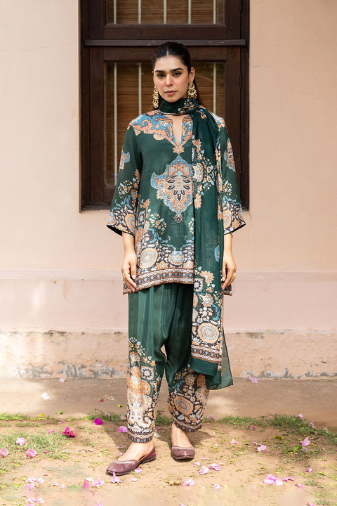 Green Mughal Print Hand-Embellished Kurta Set