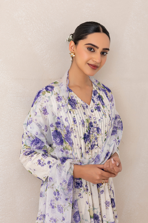 Purple/White Floral Flared Kurta Set with Palazzo and Dupatta