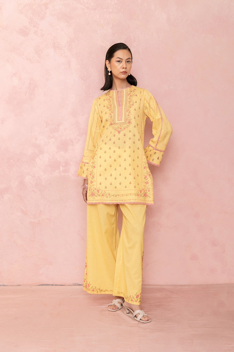 Yellow Floral Printed Straight Kurta Set With Dupatta