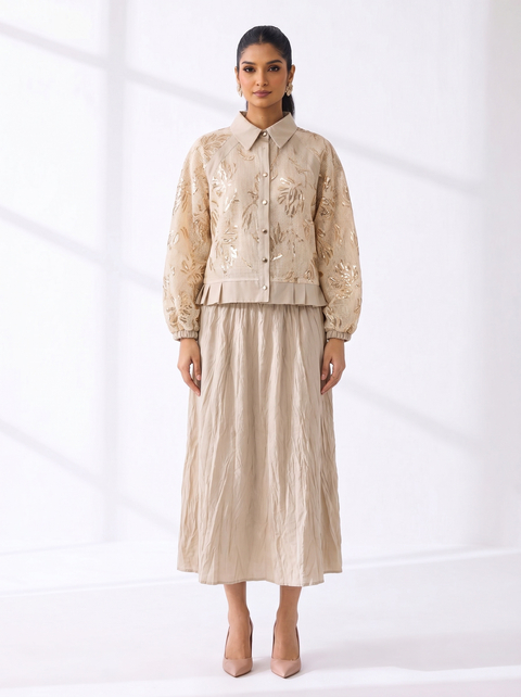 Beige Embellished Shirt and A-Line Midi Skirt Co-ord Set