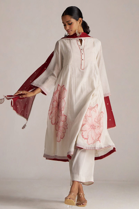 Ivory and Maroon Chanderi Floral Print A-Line Kurta Set