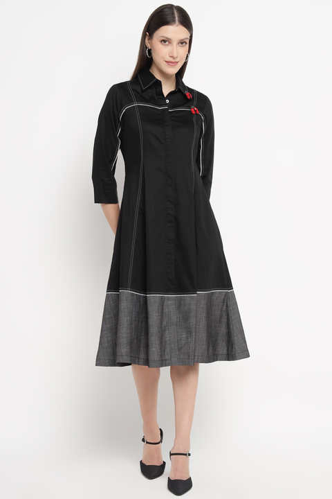 Black A-Line Midi Shirt Dress with Grey Colorblock Hem