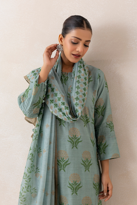 Blue and Beige Floral Print Straight Kurta Set with Dupatta