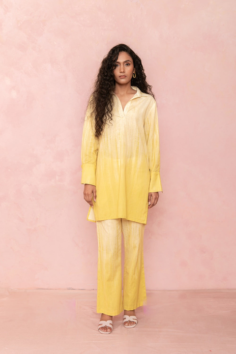 Ombre Yellow Cotton Flex Shirt and Pants Co-ord Set