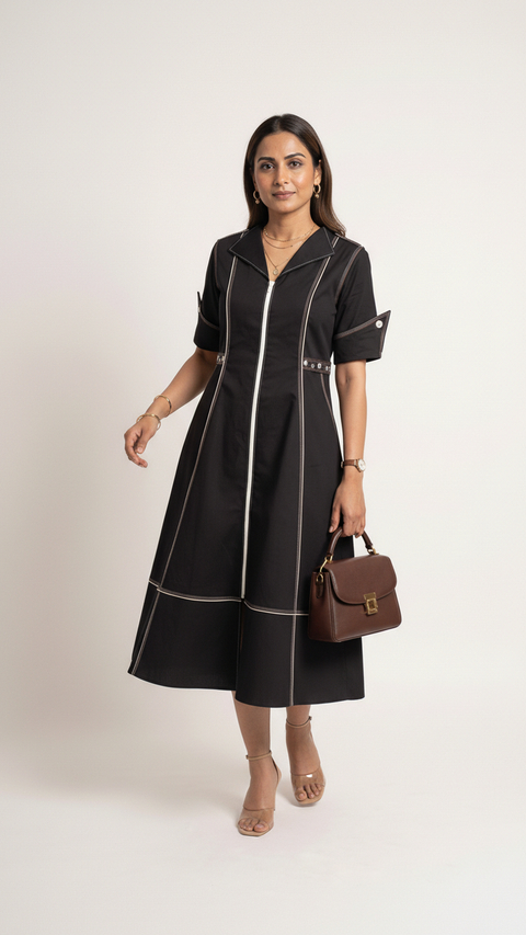 Black Zip-Front Fit and Flare Midi Dress