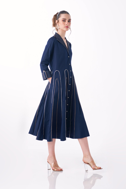 Navy Cotton Satin Fit and Flare Midi Shirt Dress