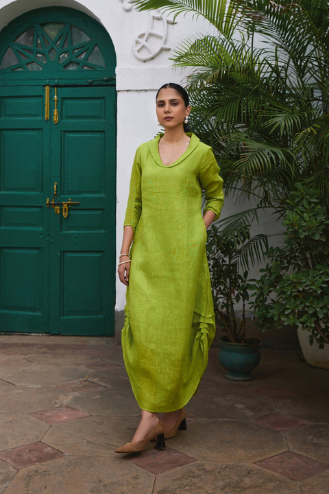 Green Linen Straight Midi Dress with Ruffle Detail