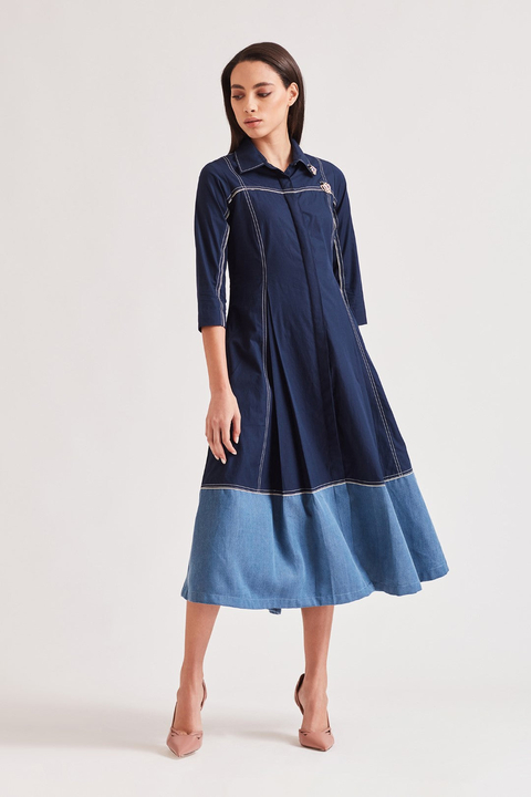 Navy Colorblocked A-Line Midi Shirt Dress