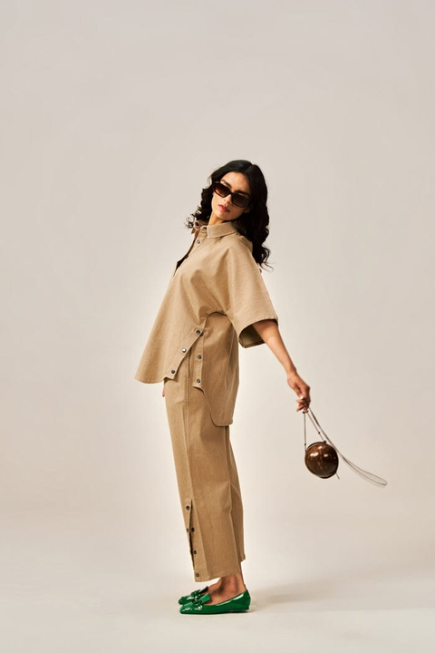 Beige Denim Co-ord Set with Oversized Collared Top