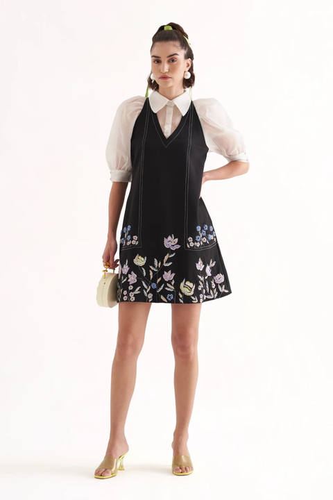 Black and White A-Line Mini Dress with Organza Sleeves