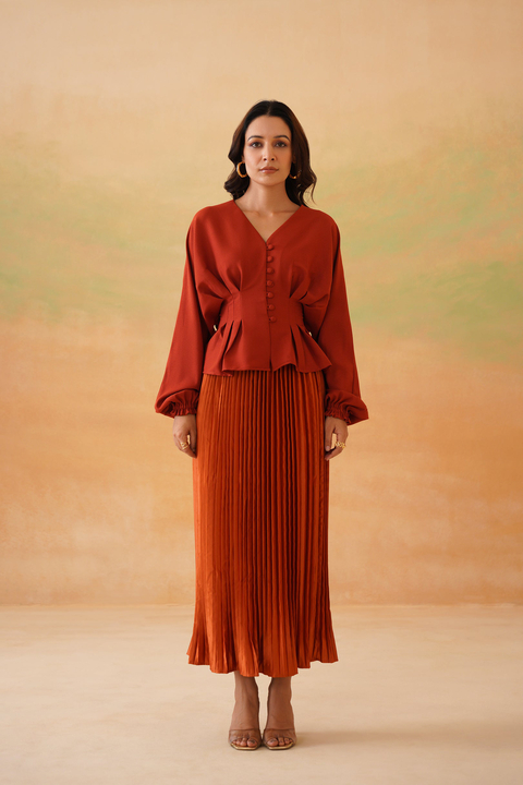 Rust V-Neck Button-Front Top and Pleated Maxi Skirt Set
