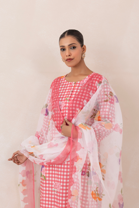 Pink and White Gingham Printed Cotton Kurta Set