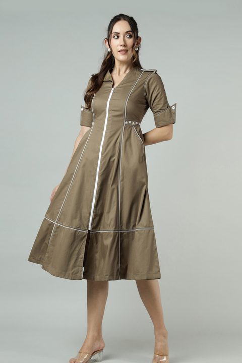 Mushroom Denim Fit and Flare Midi Dress with Front Zip