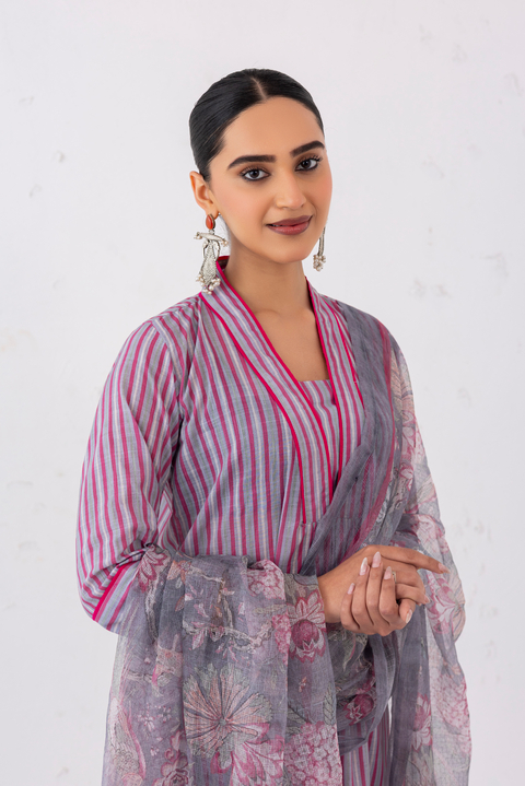 Grey/Pink Striped Cotton Slub Kurta Set with Dupatta