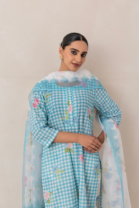 Pastel Turquoise Gingham Printed Cotton Kurta Set
