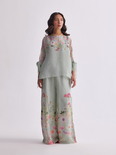 Aqua Bloom Gauze Linen Cape and Palazzo Co-ord Set