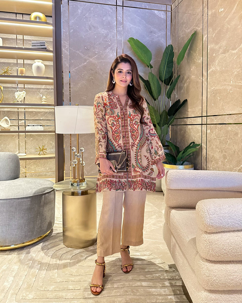 Beige Printed Crepe Co-ord Set with Straight Pants