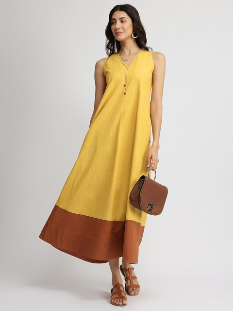 Yellow & Rust Colorblock A-Line Maxi Dress