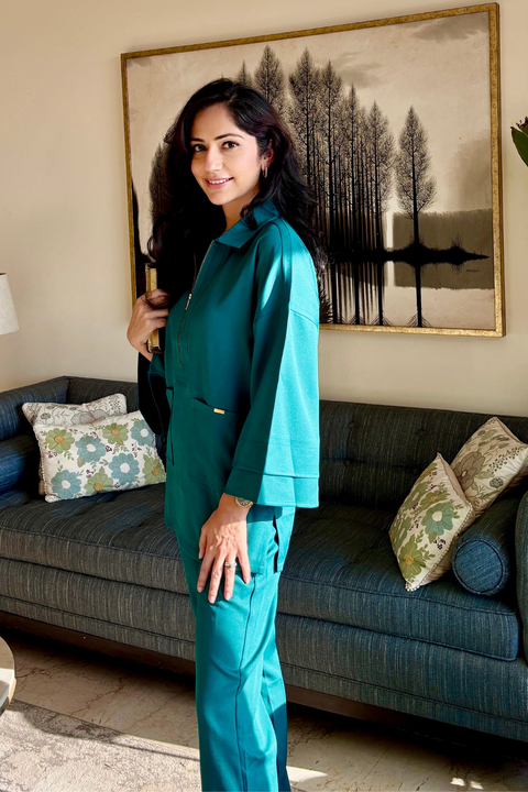 Green Banana Crepe Co-ord Set with Half-Zip and Bell Bottoms