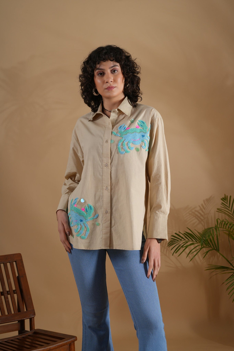 Beige Cotton Crab Embroidered Button-Down Shirt