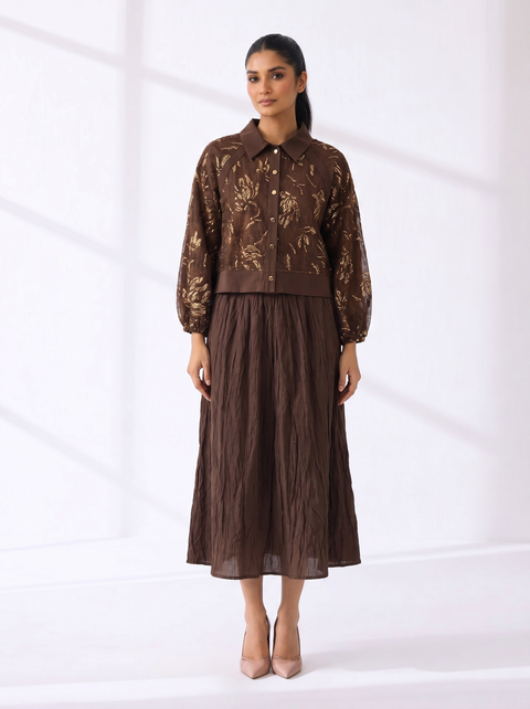 Brown Shirt and Midi Skirt Co-ord Set