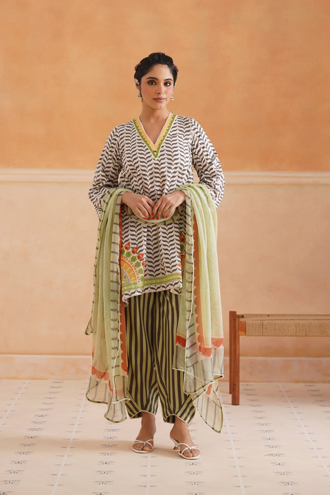 Green Chevron Print Kurta Set with Dupatta