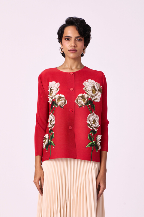 Red Pleated Floral Button-Down Shirt with Pearl Accents