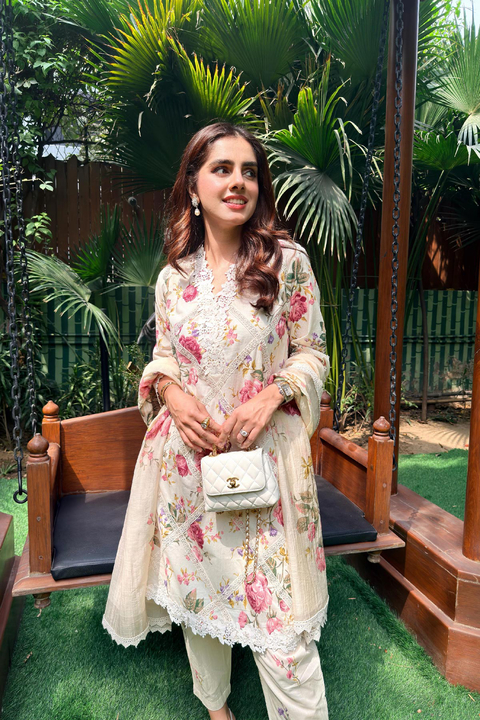 Beige Floral Cotton Lawn Suit Set with Lace Details