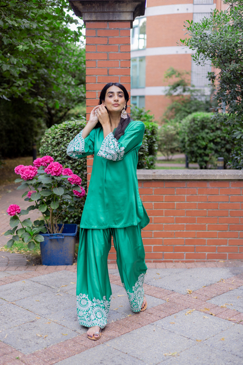 Emerald Green Embroidered Kurta and Farshi Salwar Set