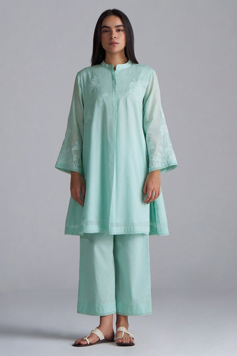 Dusky Aqua Mul-Mul Embroidered Kurta and Pant Co-ord Set