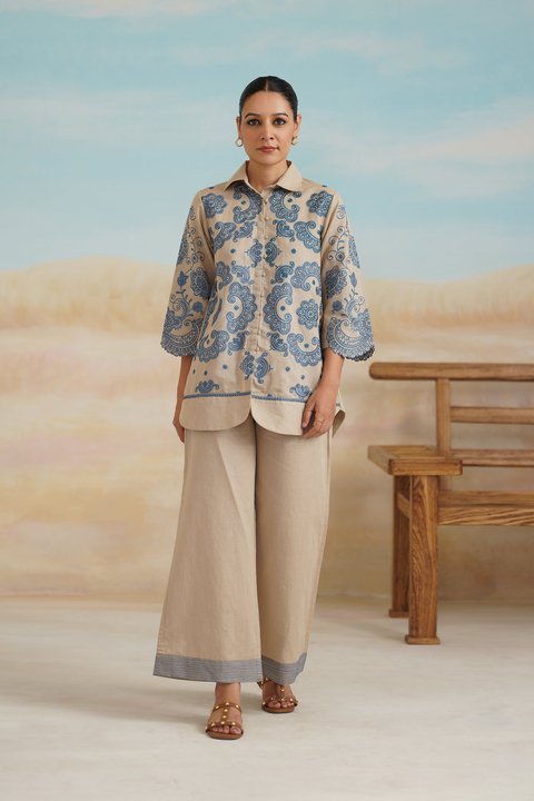 Beige Cotton Linen Embroidered Shirt and Pants Co-ord Set