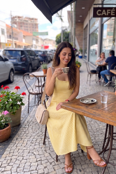 Yellow Gingham Fit and Flare Midi Dress