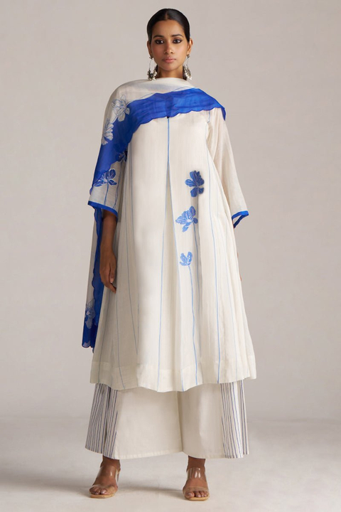 Ivory and Cobalt Printed A-Line Chanderi Kurta Set