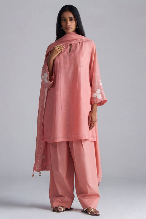 Coral Almond Chanderi A-Line Kurta Set with Dupatta