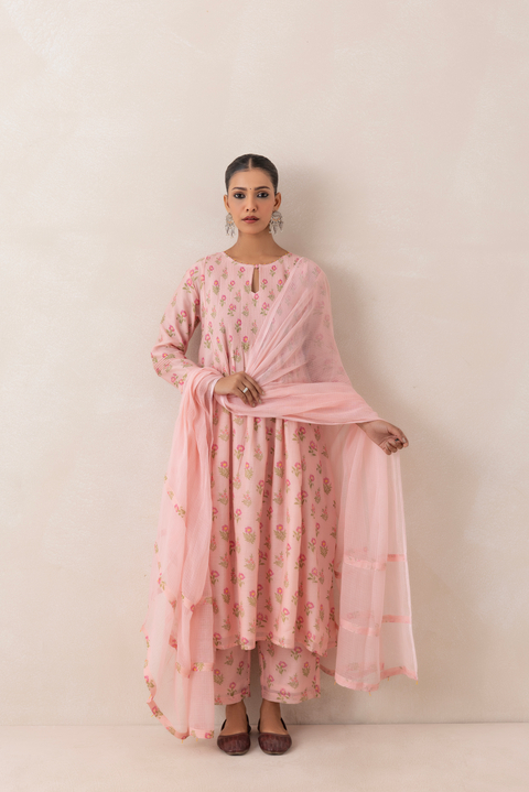 Powder Pink Floral Printed Kurta Set with Dupatta