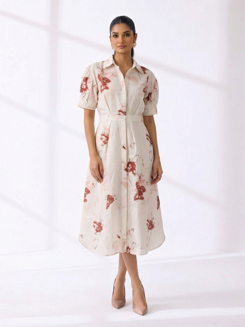 Butterfly Cream Abstract Print Midi Shirt Dress