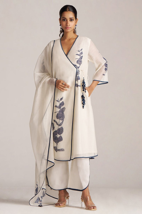 Ivory and Navy Printed Angrakha Chanderi Kurta Set