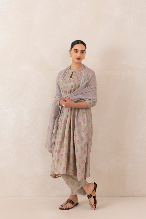 Mushroom Grey Pink Floral Chanderi Kurta Set with Dupatta