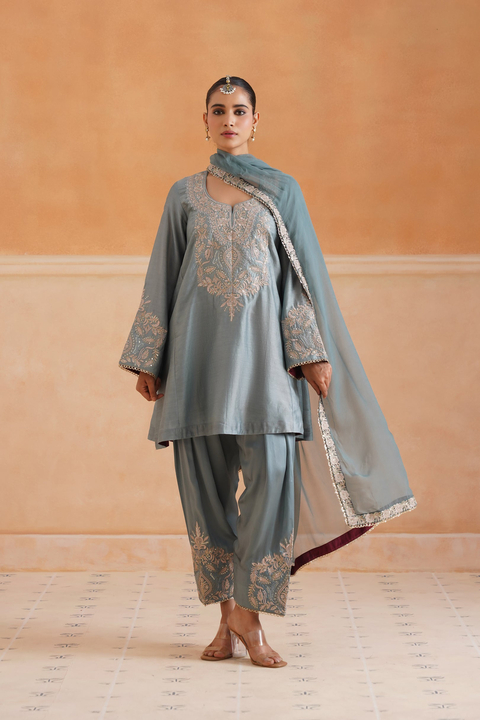 Sage Blue Chanderi Embroidered Kurta Set with Dupatta
